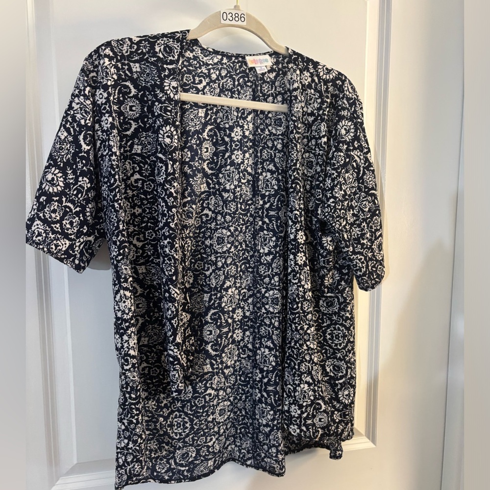 Womens LuLaroe Navy and White Floral Open Front Kimono Top XL
